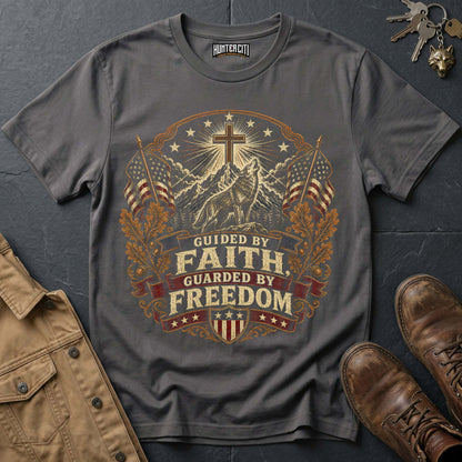 Guided by Faith Guarded by Freedom Wolf T-Shirt - Christian Patriotic Wolf Graphic Tee USA Gift for Men Vintage Edition