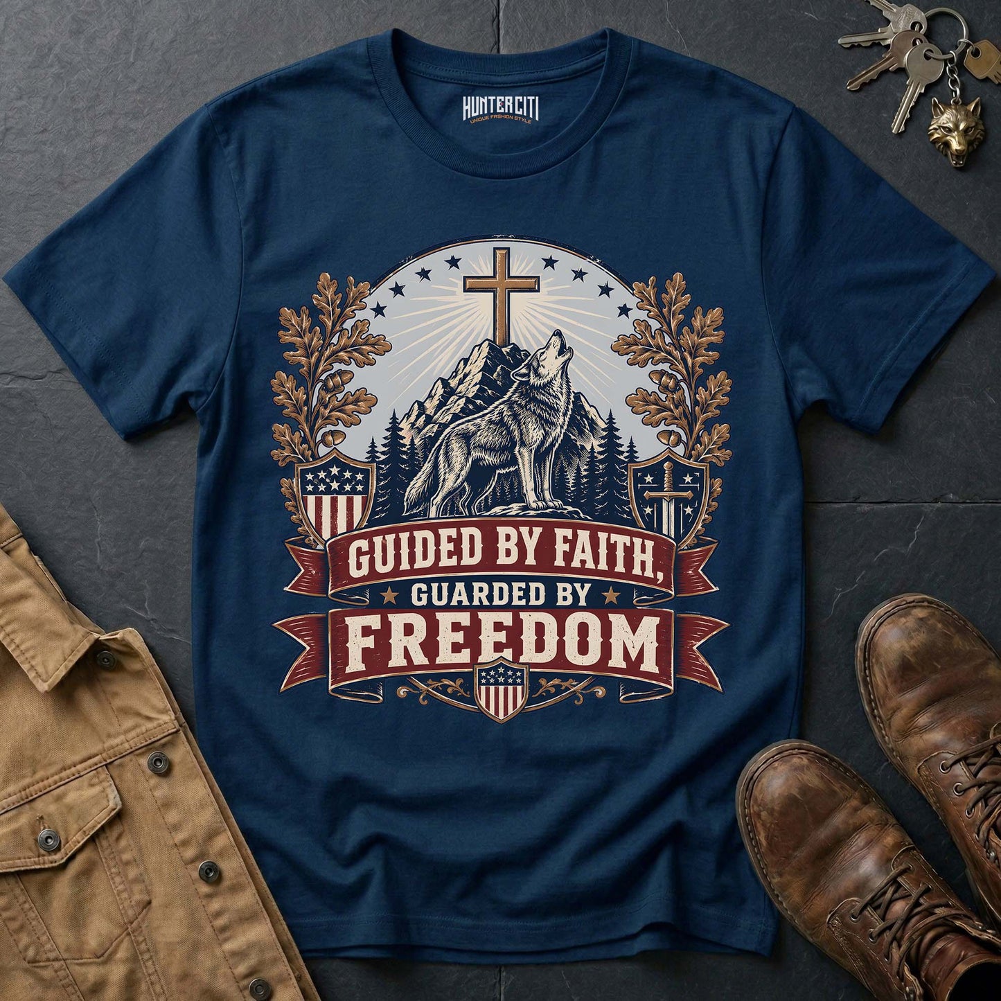 Guided by Faith Guarded by Freedom Wolf T-Shirt - Christian Patriotic Wolf Graphic Tee USA Gift for Men