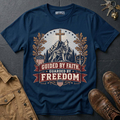 Guided by Faith Guarded by Freedom Wolf T-Shirt - Christian Patriotic Wolf Graphic Tee USA Gift for Men