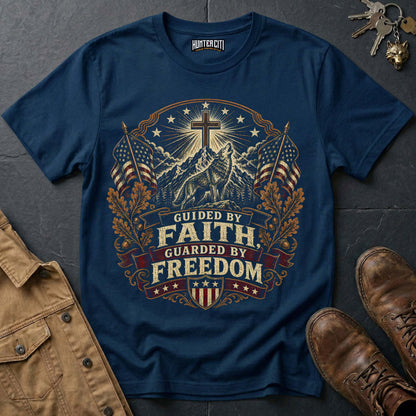 Guided by Faith Guarded by Freedom Wolf T-Shirt - Christian Patriotic Wolf Graphic Tee USA Gift for Men Vintage Edition