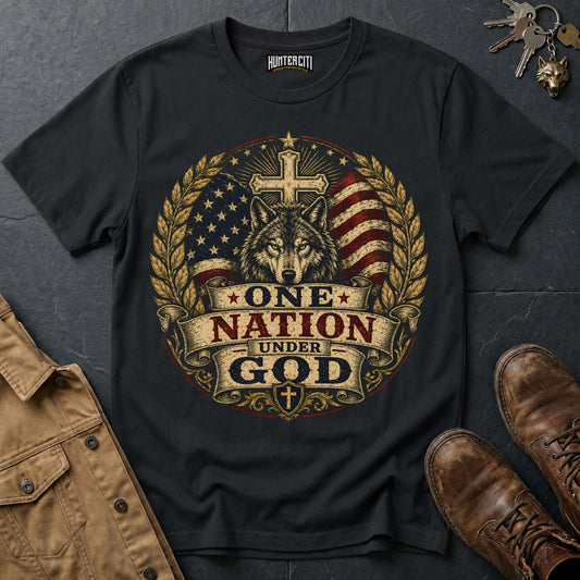 One Nation Under God American Wolf T-Shirt - Christian Patriotic Wolf Graphic Tee USA Gift for Men
