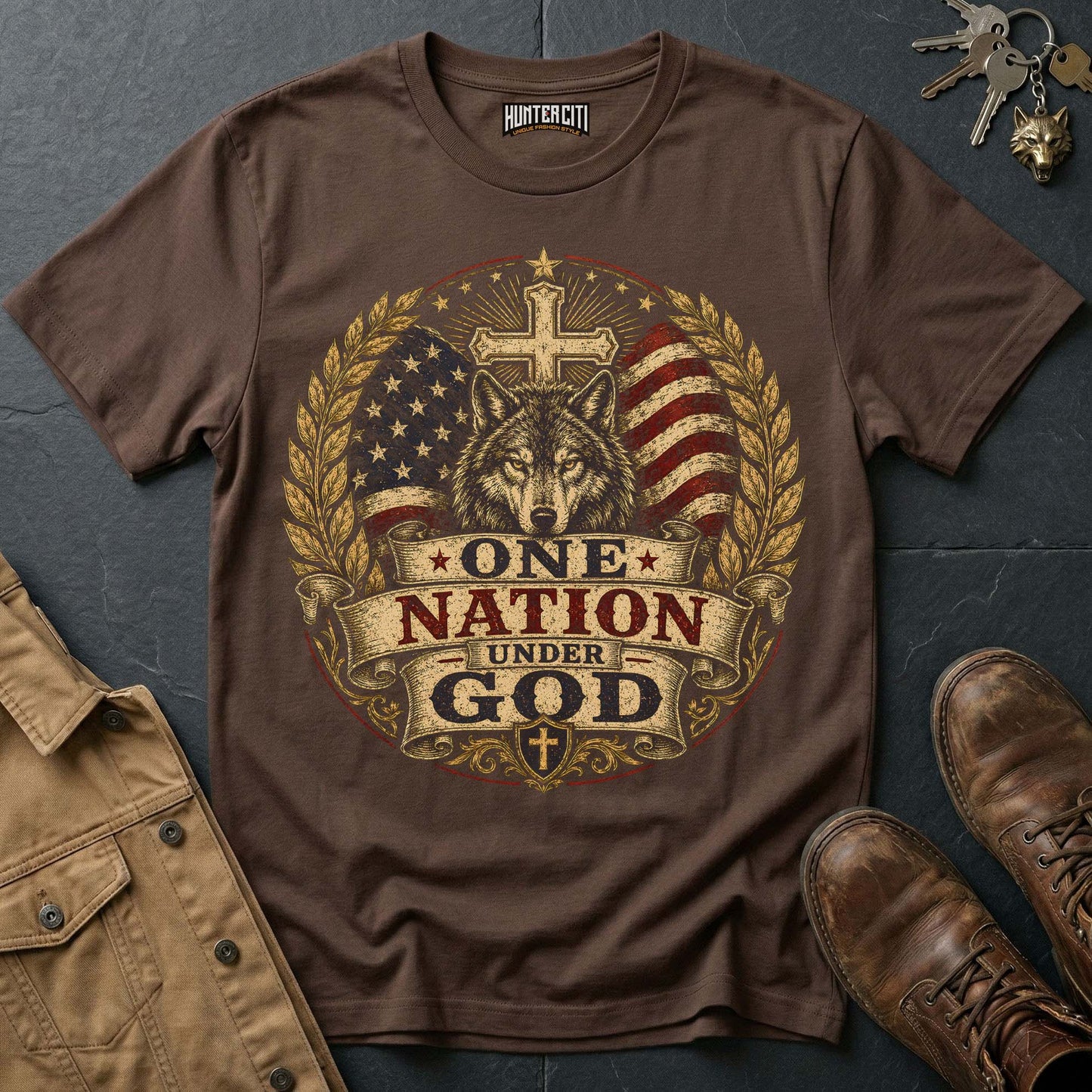 One Nation Under God American Wolf T-Shirt - Christian Patriotic Wolf Graphic Tee USA Gift for Men