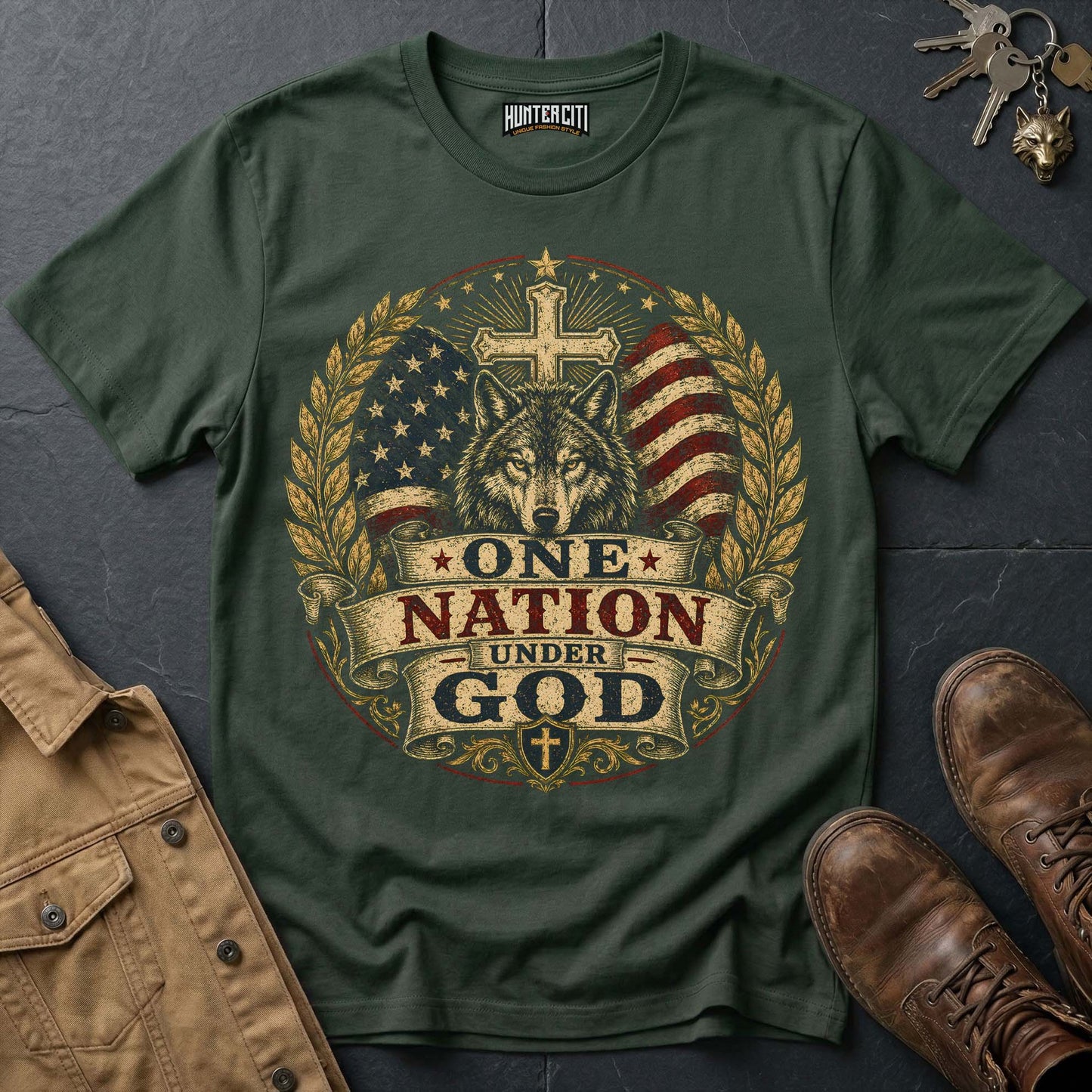 One Nation Under God American Wolf T-Shirt - Christian Patriotic Wolf Graphic Tee USA Gift for Men