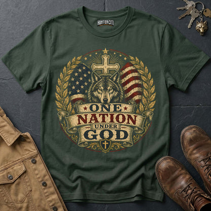 One Nation Under God American Wolf T-Shirt - Christian Patriotic Wolf Graphic Tee USA Gift for Men