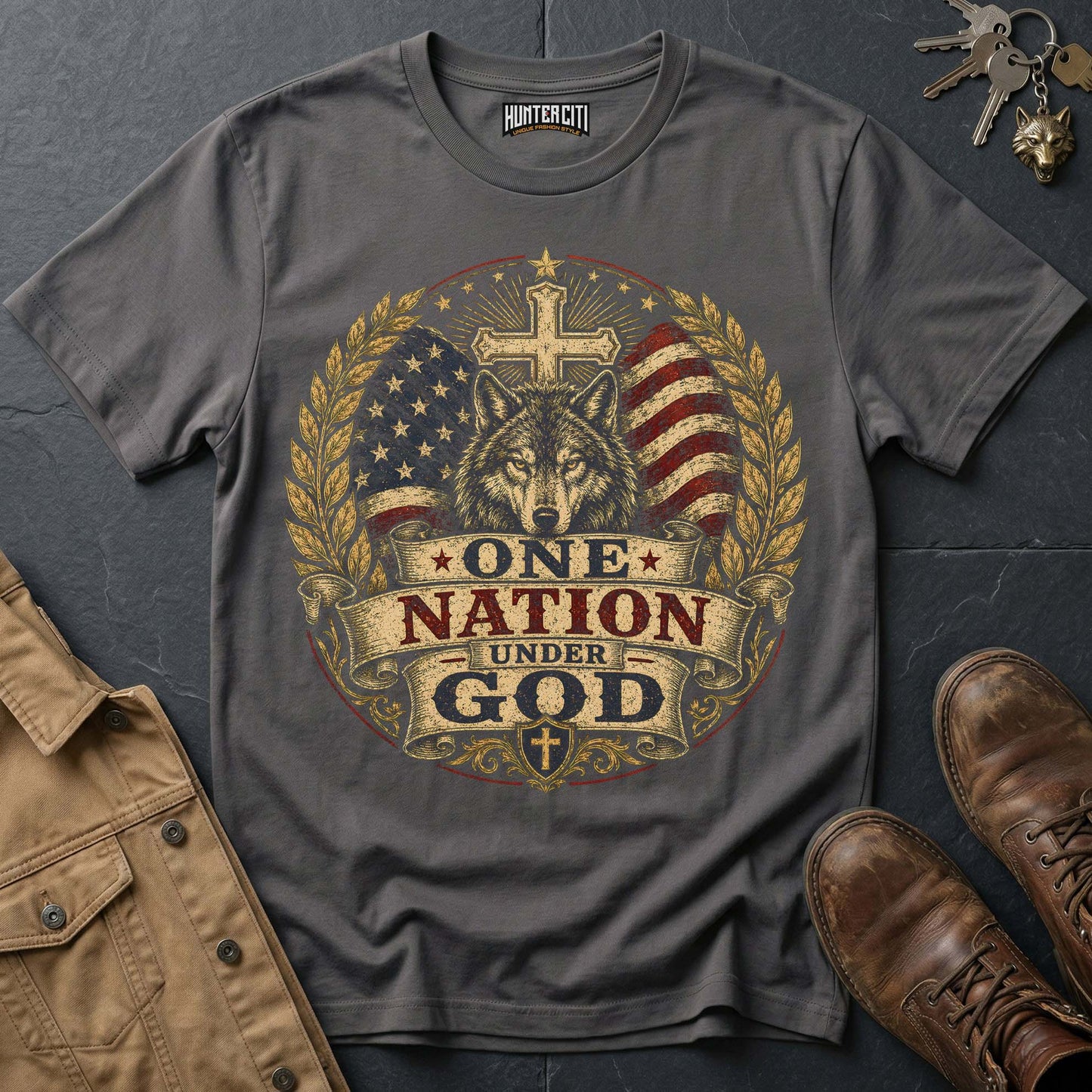 One Nation Under God American Wolf T-Shirt - Christian Patriotic Wolf Graphic Tee USA Gift for Men