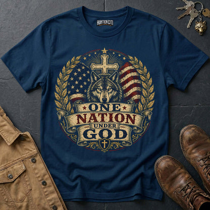 One Nation Under God American Wolf T-Shirt - Christian Patriotic Wolf Graphic Tee USA Gift for Men