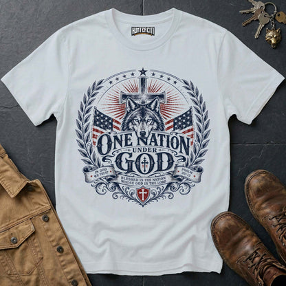 One Nation Under God American Wolf T-Shirt - Christian Patriotic Wolf Graphic Tee USA Gift for Men