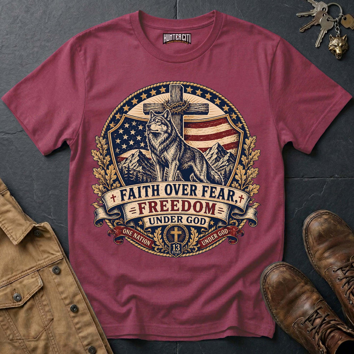 Faith Over Fear Freedom Under God Wolf T-Shirt - Christian Patriotic Wolf Graphic Tee USA Gift for Men
