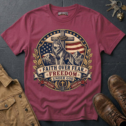 Faith Over Fear Freedom Under God Wolf T-Shirt - Christian Patriotic Wolf Graphic Tee USA Gift for Men
