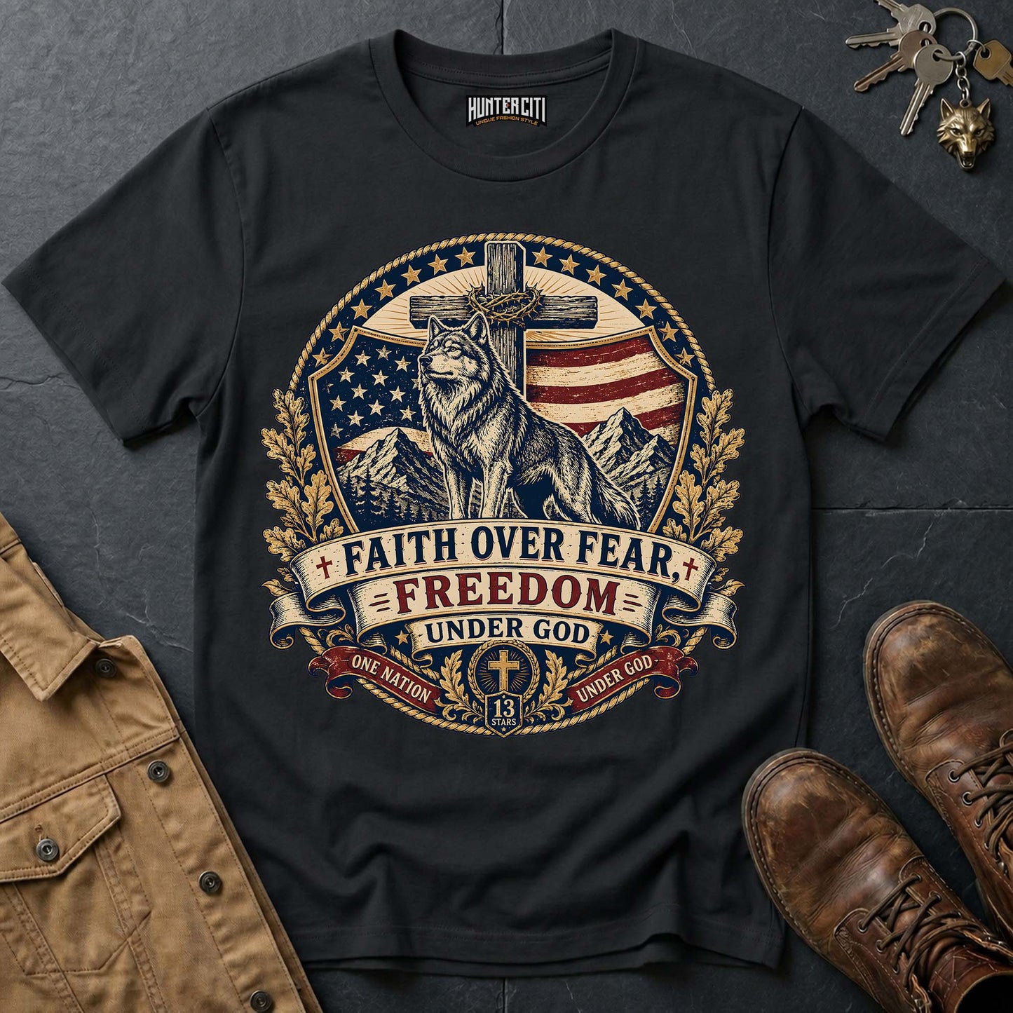Faith Over Fear Freedom Under God Wolf T-Shirt - Christian Patriotic Wolf Graphic Tee USA Gift for Men