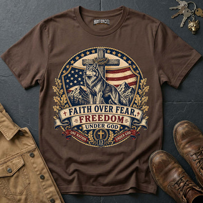 Faith Over Fear Freedom Under God Wolf T-Shirt - Christian Patriotic Wolf Graphic Tee USA Gift for Men