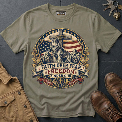 Faith Over Fear Freedom Under God Wolf T-Shirt - Christian Patriotic Wolf Graphic Tee USA Gift for Men