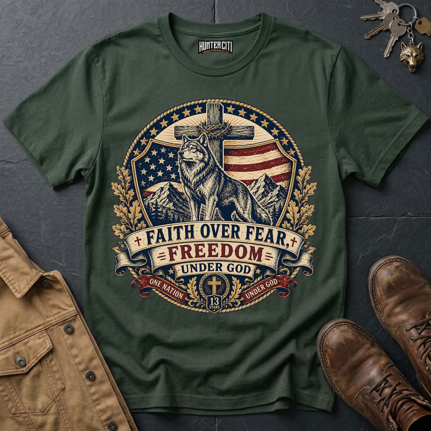 Faith Over Fear Freedom Under God Wolf T-Shirt - Christian Patriotic Wolf Graphic Tee USA Gift for Men