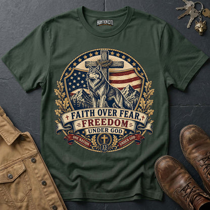 Faith Over Fear Freedom Under God Wolf T-Shirt - Christian Patriotic Wolf Graphic Tee USA Gift for Men