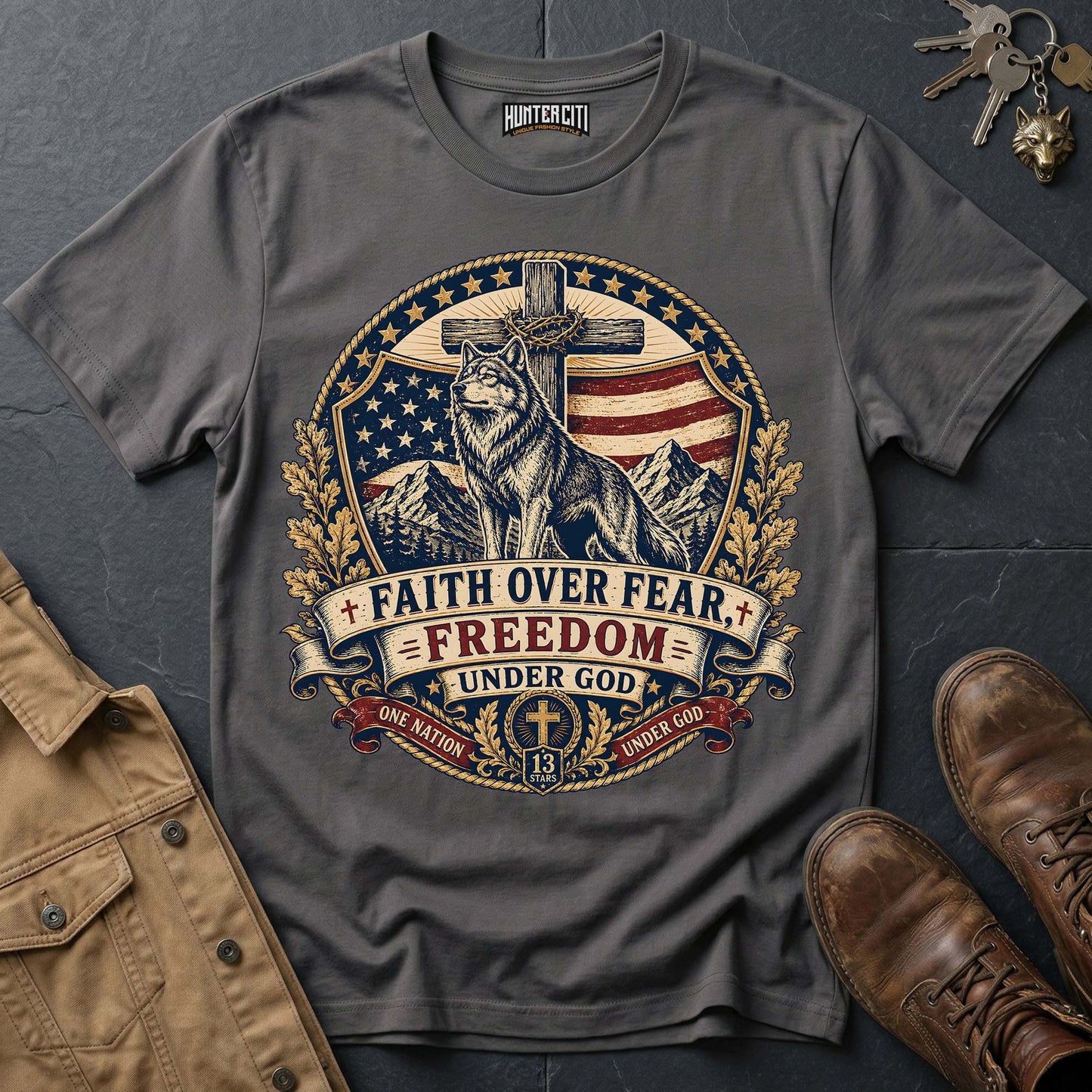 Faith Over Fear Freedom Under God Wolf T-Shirt - Christian Patriotic Wolf Graphic Tee USA Gift for Men