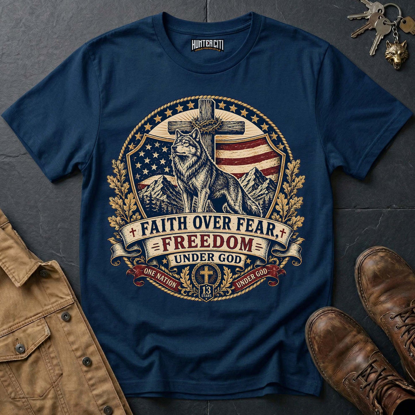 Faith Over Fear Freedom Under God Wolf T-Shirt - Christian Patriotic Wolf Graphic Tee USA Gift for Men