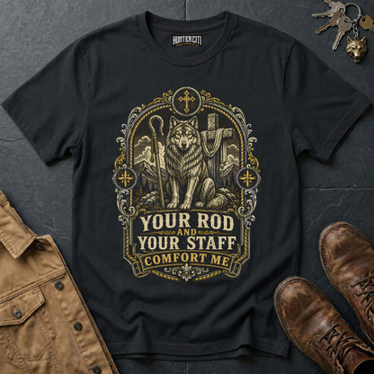 Your Rod and Your Staff Comfort Me Wolf T-Shirt - Psalm 23 Christian Wolf Graphic Tee USA Gift for Men
