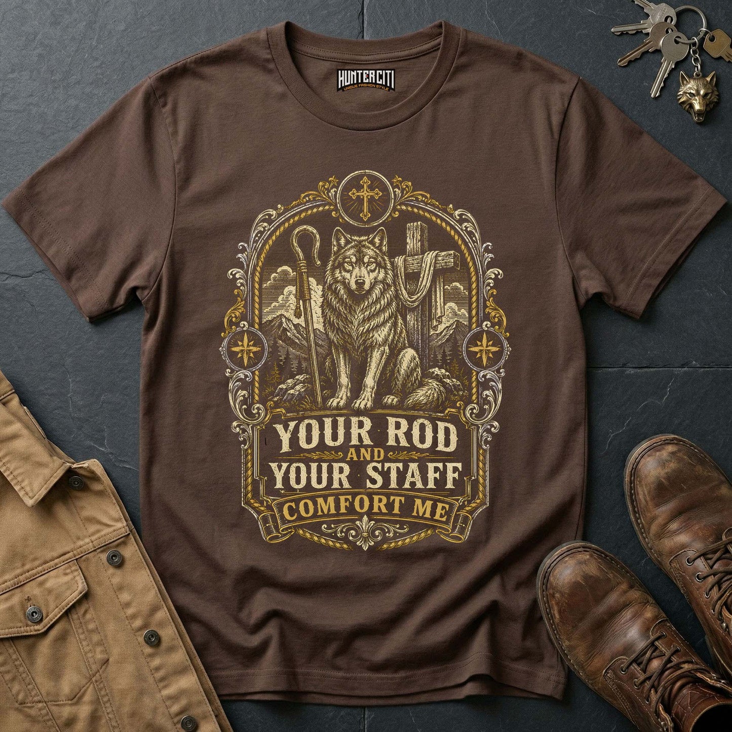 Your Rod and Your Staff Comfort Me Wolf T-Shirt - Psalm 23 Christian Wolf Graphic Tee USA Gift for Men