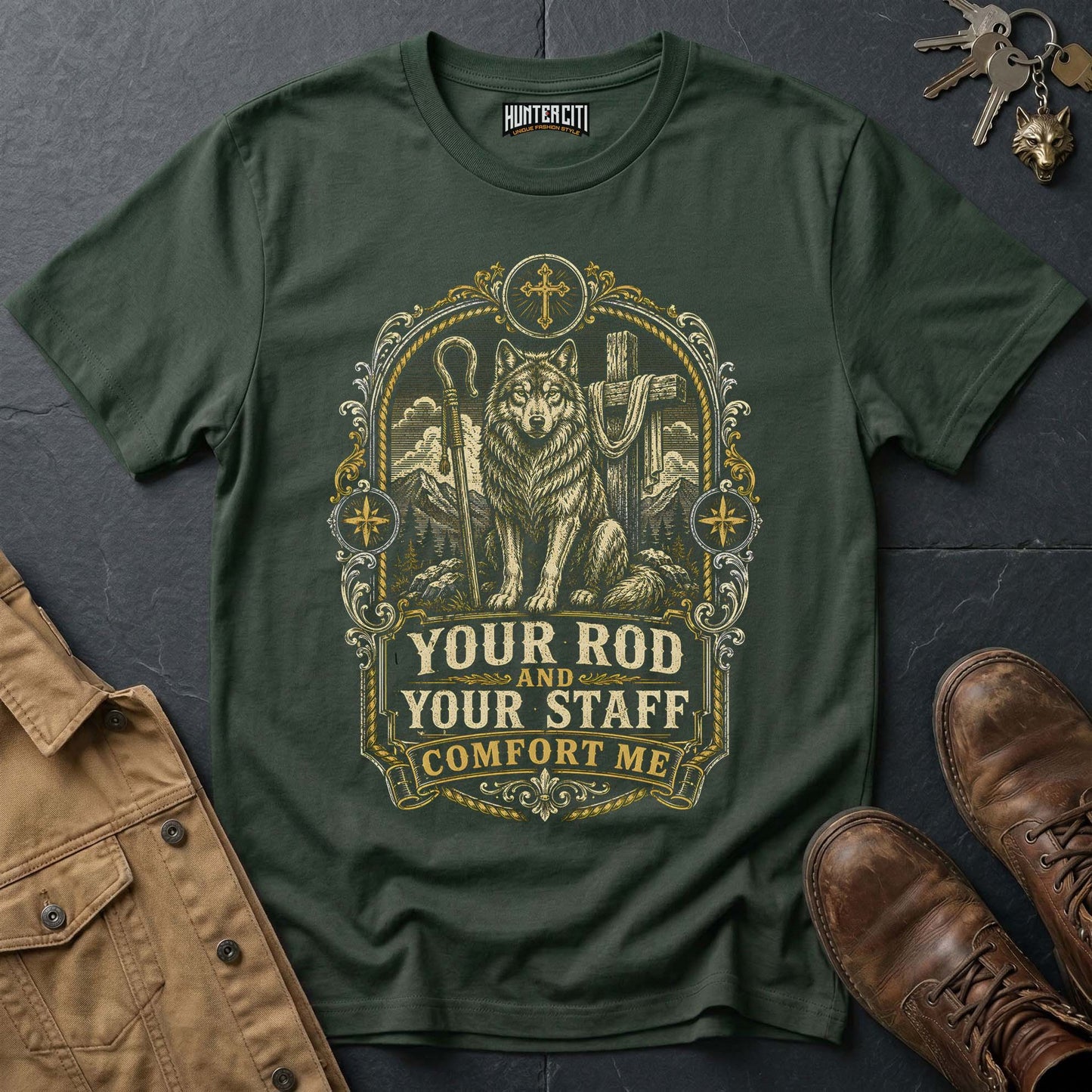 Your Rod and Your Staff Comfort Me Wolf T-Shirt - Psalm 23 Christian Wolf Graphic Tee USA Gift for Men