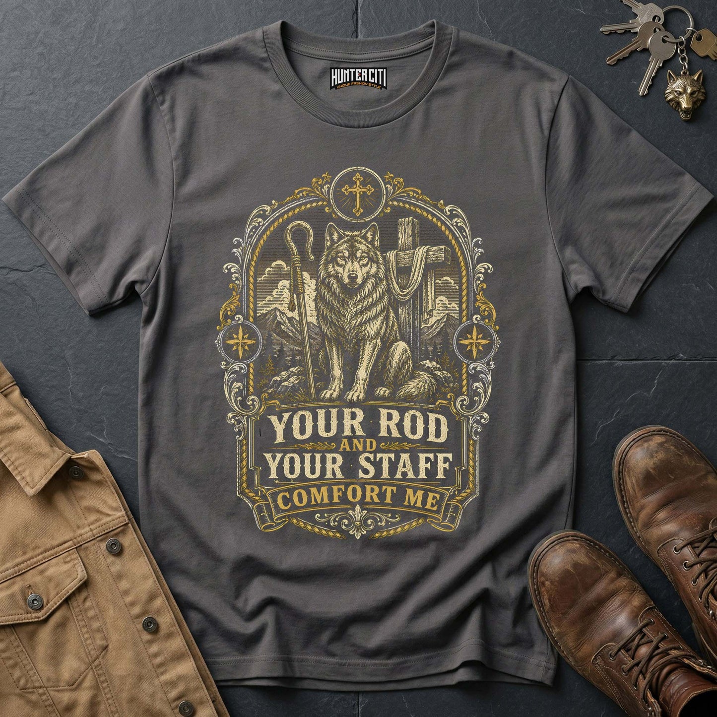 Your Rod and Your Staff Comfort Me Wolf T-Shirt - Psalm 23 Christian Wolf Graphic Tee USA Gift for Men