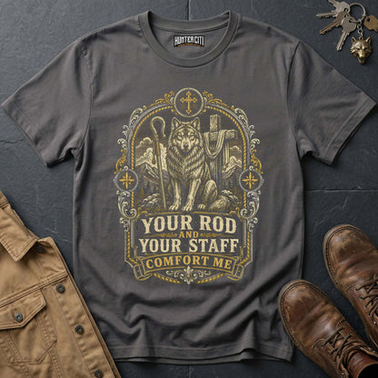 Your Rod and Your Staff Comfort Me Wolf T-Shirt - Psalm 23 Christian Wolf Graphic Tee USA Gift for Men