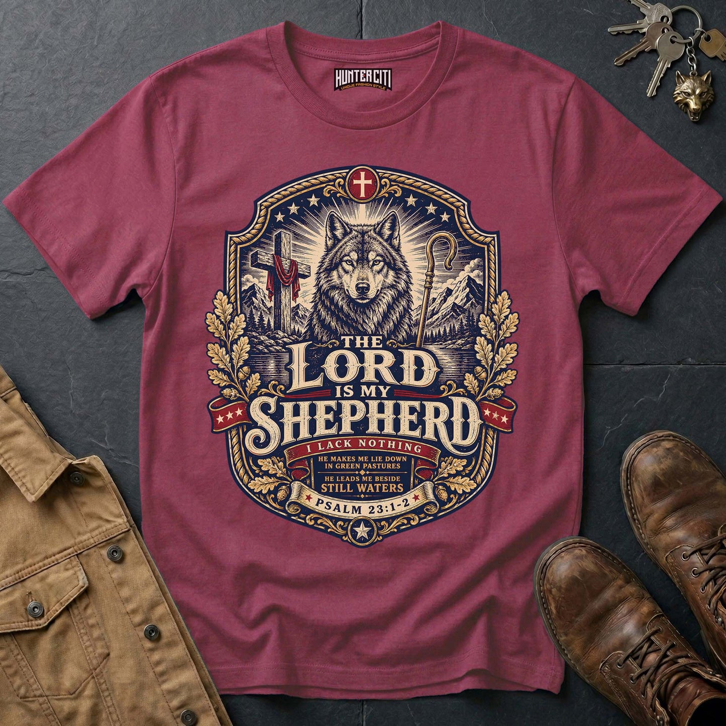 The Lord Is My Shepherd I Lack Nothing Wolf T-Shirt - Psalm 23 Christian Wolf Graphic Tee USA Gift for Men