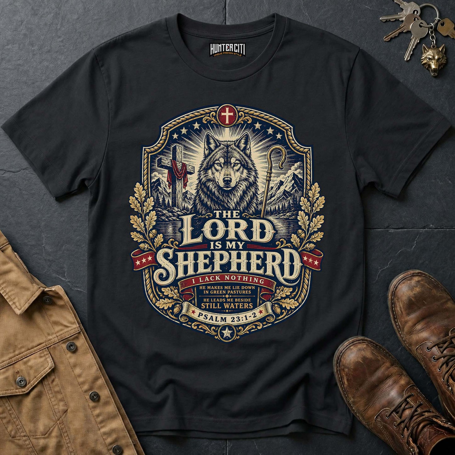 The Lord Is My Shepherd I Lack Nothing Wolf T-Shirt - Psalm 23 Christian Wolf Graphic Tee USA Gift for Men