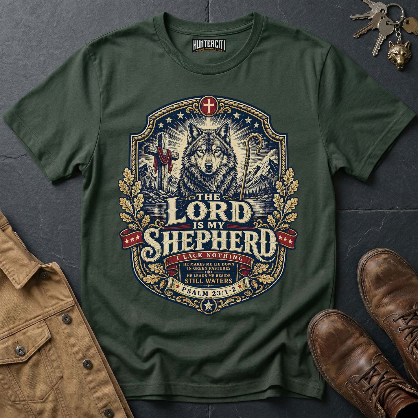 The Lord Is My Shepherd I Lack Nothing Wolf T-Shirt - Psalm 23 Christian Wolf Graphic Tee USA Gift for Men