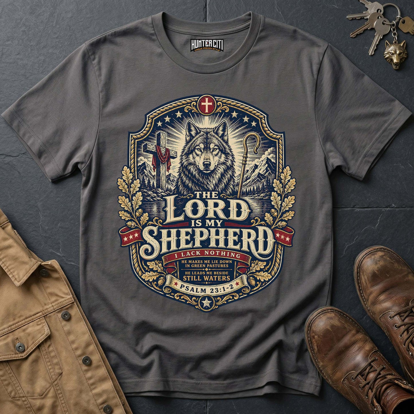 The Lord Is My Shepherd I Lack Nothing Wolf T-Shirt - Psalm 23 Christian Wolf Graphic Tee USA Gift for Men