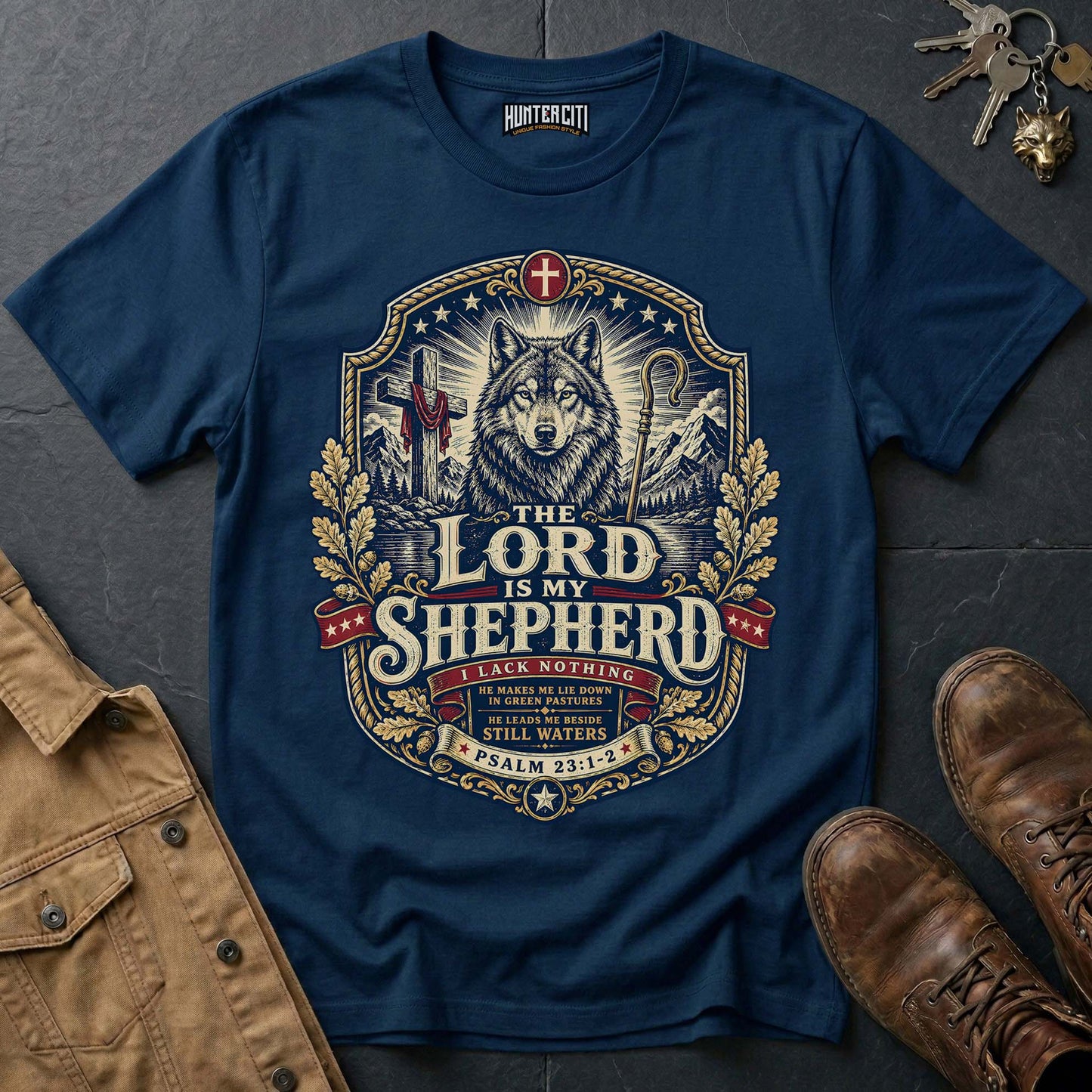 The Lord Is My Shepherd I Lack Nothing Wolf T-Shirt - Psalm 23 Christian Wolf Graphic Tee USA Gift for Men
