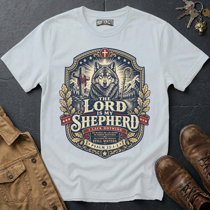 The Lord Is My Shepherd I Lack Nothing Wolf T-Shirt - Psalm 23 Christian Wolf Graphic Tee USA Gift for Men