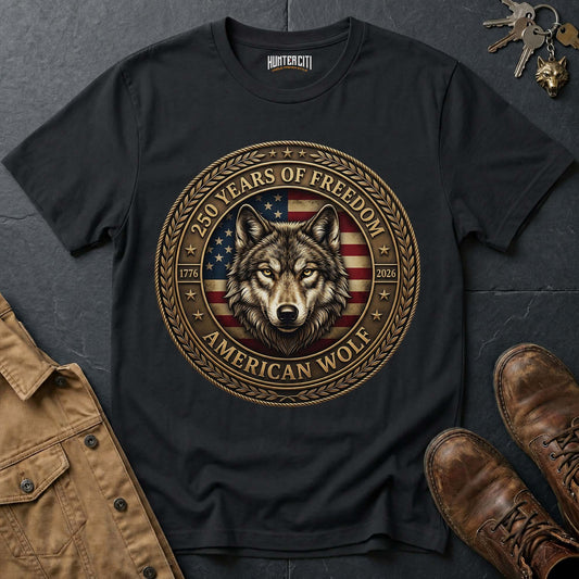 250 Years of Freedom American Wolf T-Shirt - America 1776 2026 Patriotic Wolf Coin Badge Anniversary Graphic Tee USA Gift for Men