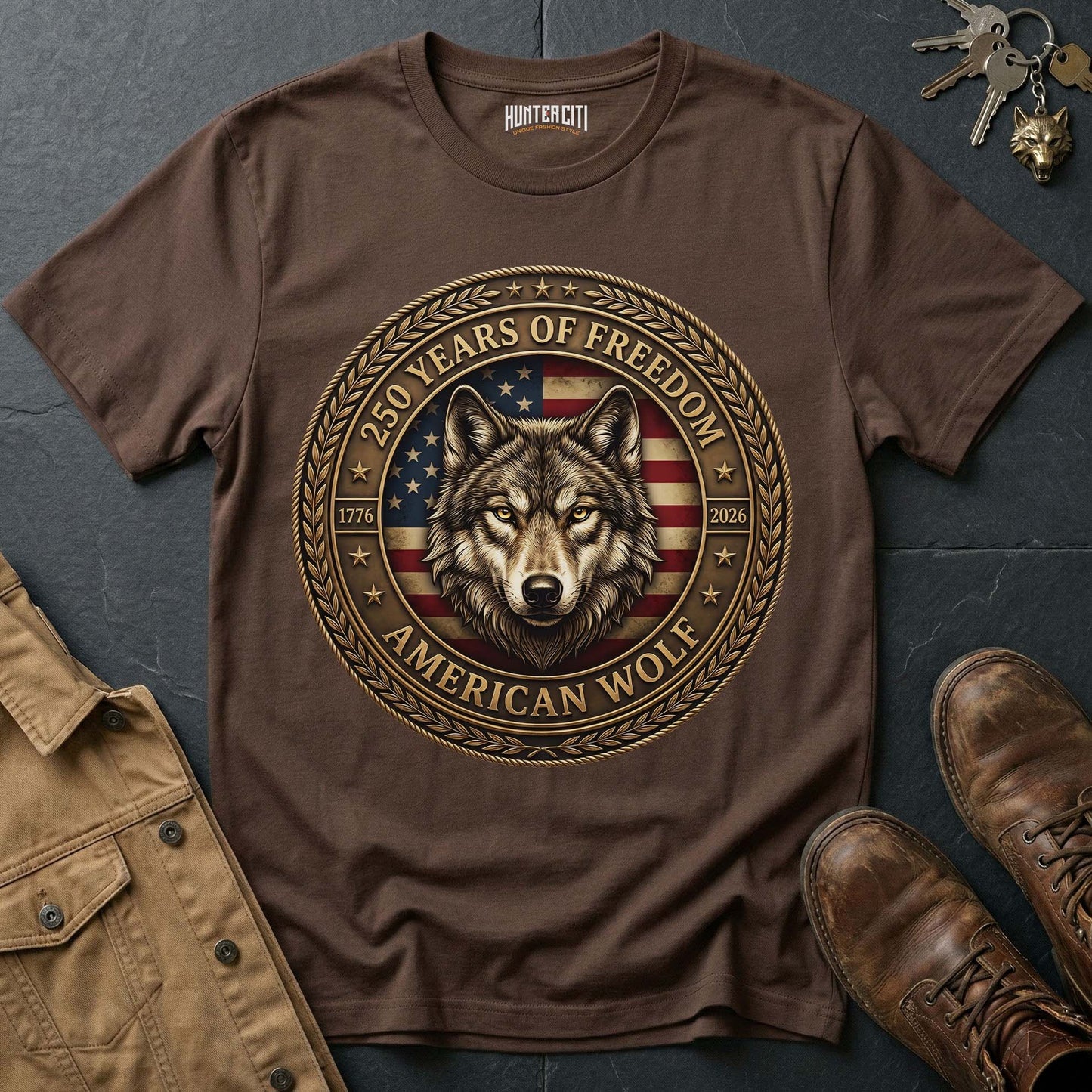 250 Years of Freedom American Wolf T-Shirt - America 1776 2026 Patriotic Wolf Coin Badge Anniversary Graphic Tee USA Gift for Men