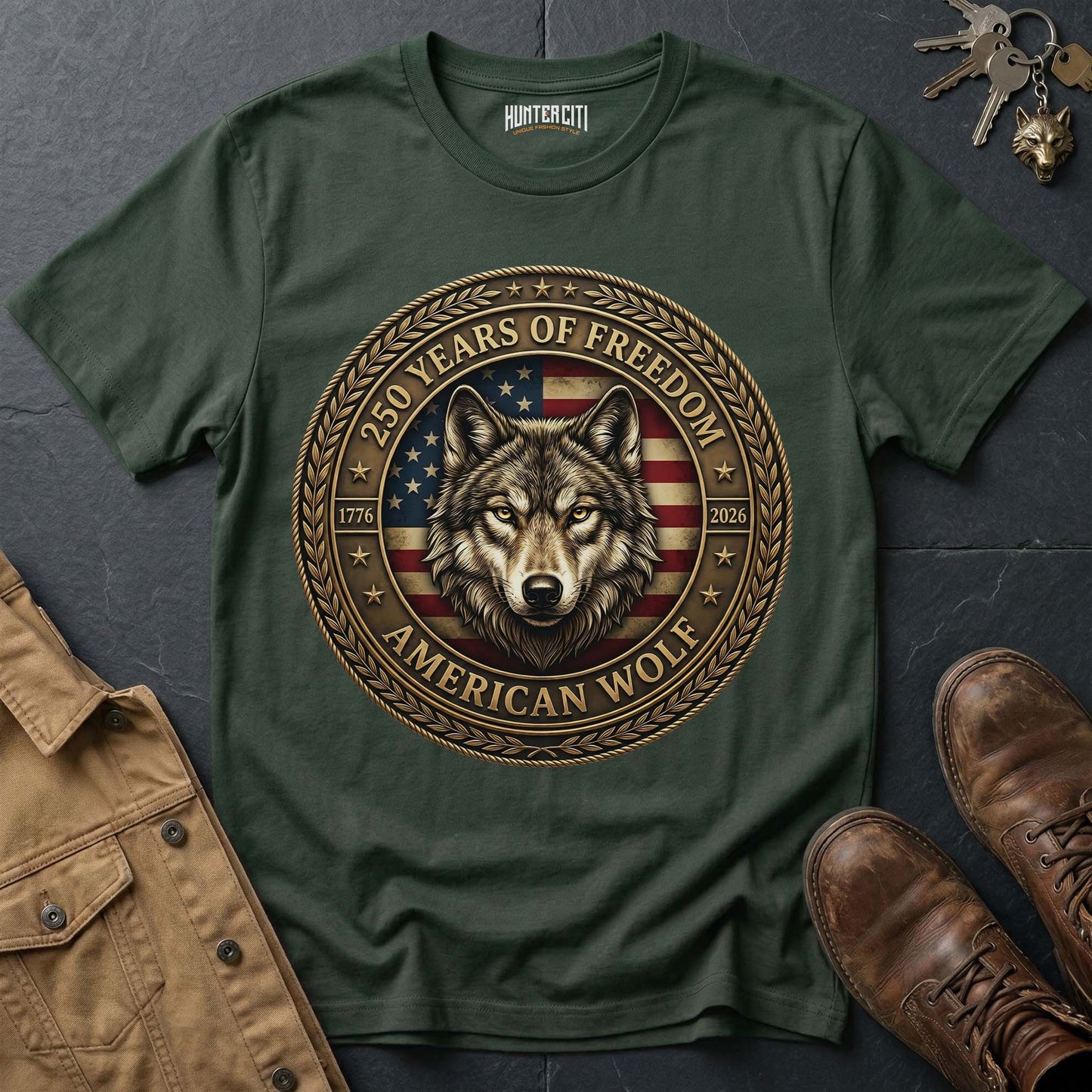 250 Years of Freedom American Wolf T-Shirt - America 1776 2026 Patriotic Wolf Coin Badge Anniversary Graphic Tee USA Gift for Men