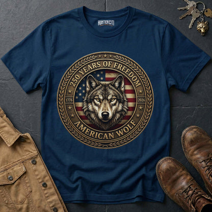 250 Years of Freedom American Wolf T-Shirt - America 1776 2026 Patriotic Wolf Coin Badge Anniversary Graphic Tee USA Gift for Men