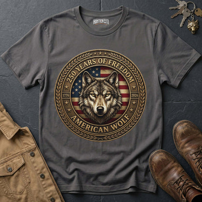 250 Years of Freedom American Wolf T-Shirt - America 1776 2026 Patriotic Wolf Coin Badge Anniversary Graphic Tee USA Gift for Men