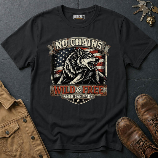 No Chains Wild and Free American Made T-Shirt Patriotic Wolf Graphic Tee USA Freedom Gift for Men