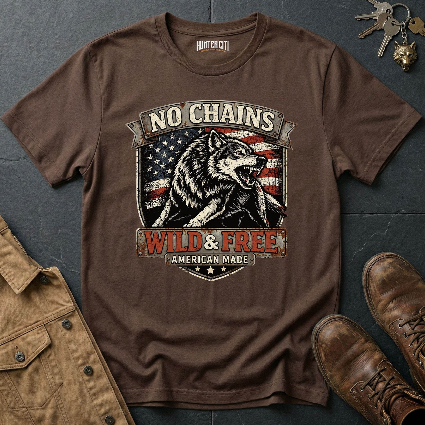 No Chains Wild and Free American Made T-Shirt Patriotic Wolf Graphic Tee USA Freedom Gift for Men