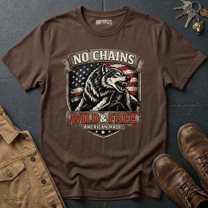 No Chains Wild and Free American Made T-Shirt Patriotic Wolf Graphic Tee USA Freedom Gift for Men