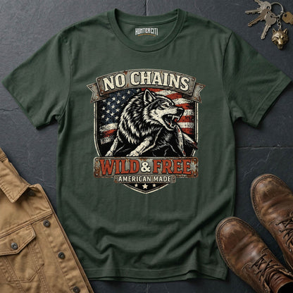 No Chains Wild and Free American Made T-Shirt Patriotic Wolf Graphic Tee USA Freedom Gift for Men