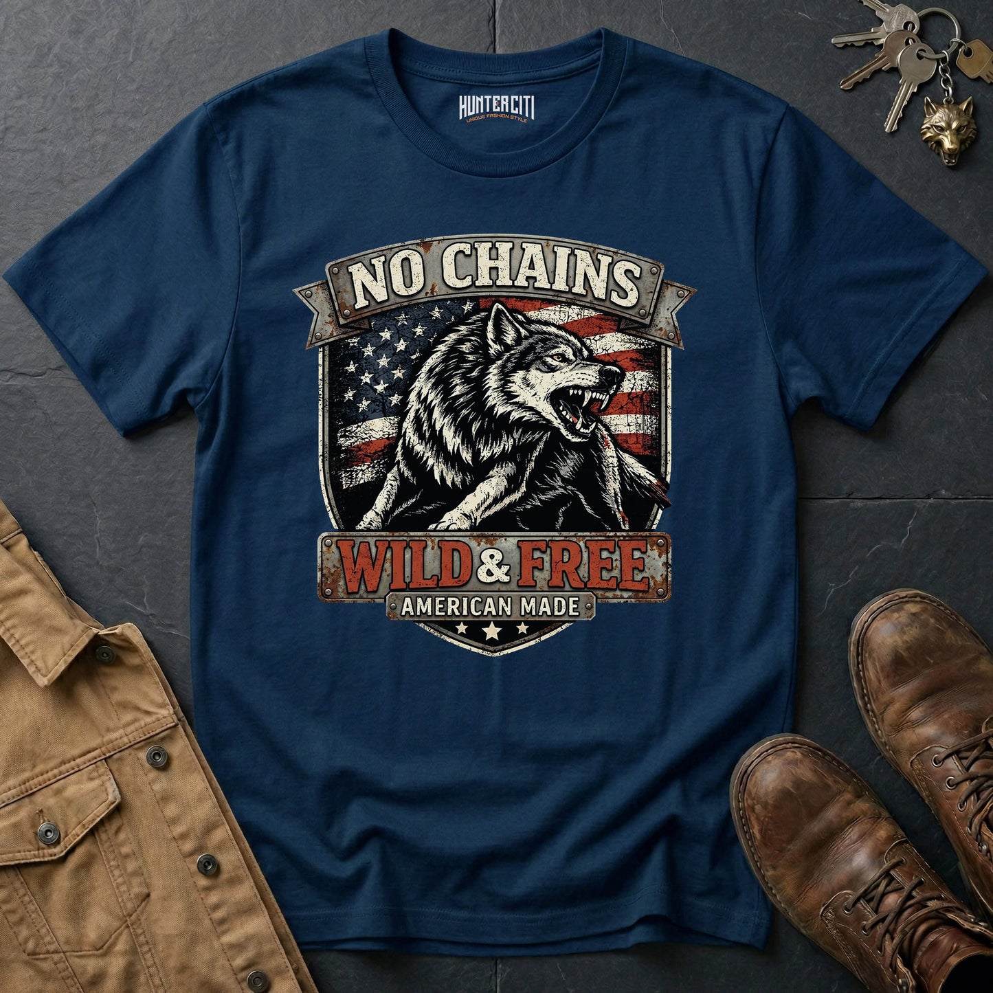 No Chains Wild and Free American Made T-Shirt Patriotic Wolf Graphic Tee USA Freedom Gift for Men