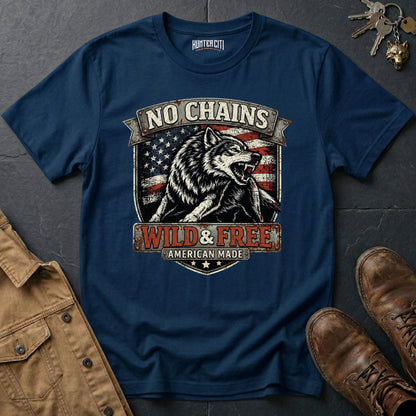 No Chains Wild and Free American Made T-Shirt Patriotic Wolf Graphic Tee USA Freedom Gift for Men