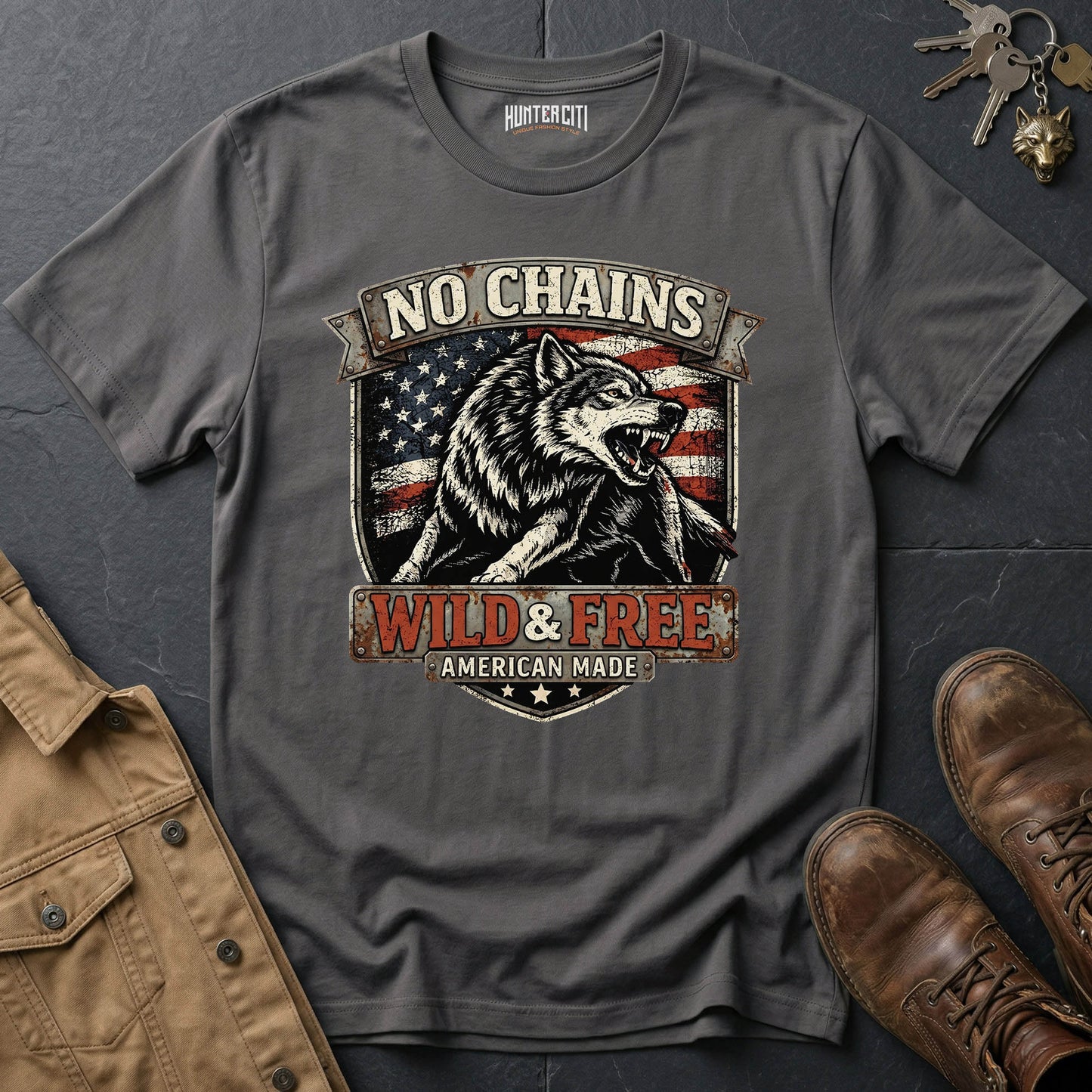 No Chains Wild and Free American Made T-Shirt Patriotic Wolf Graphic Tee USA Freedom Gift for Men
