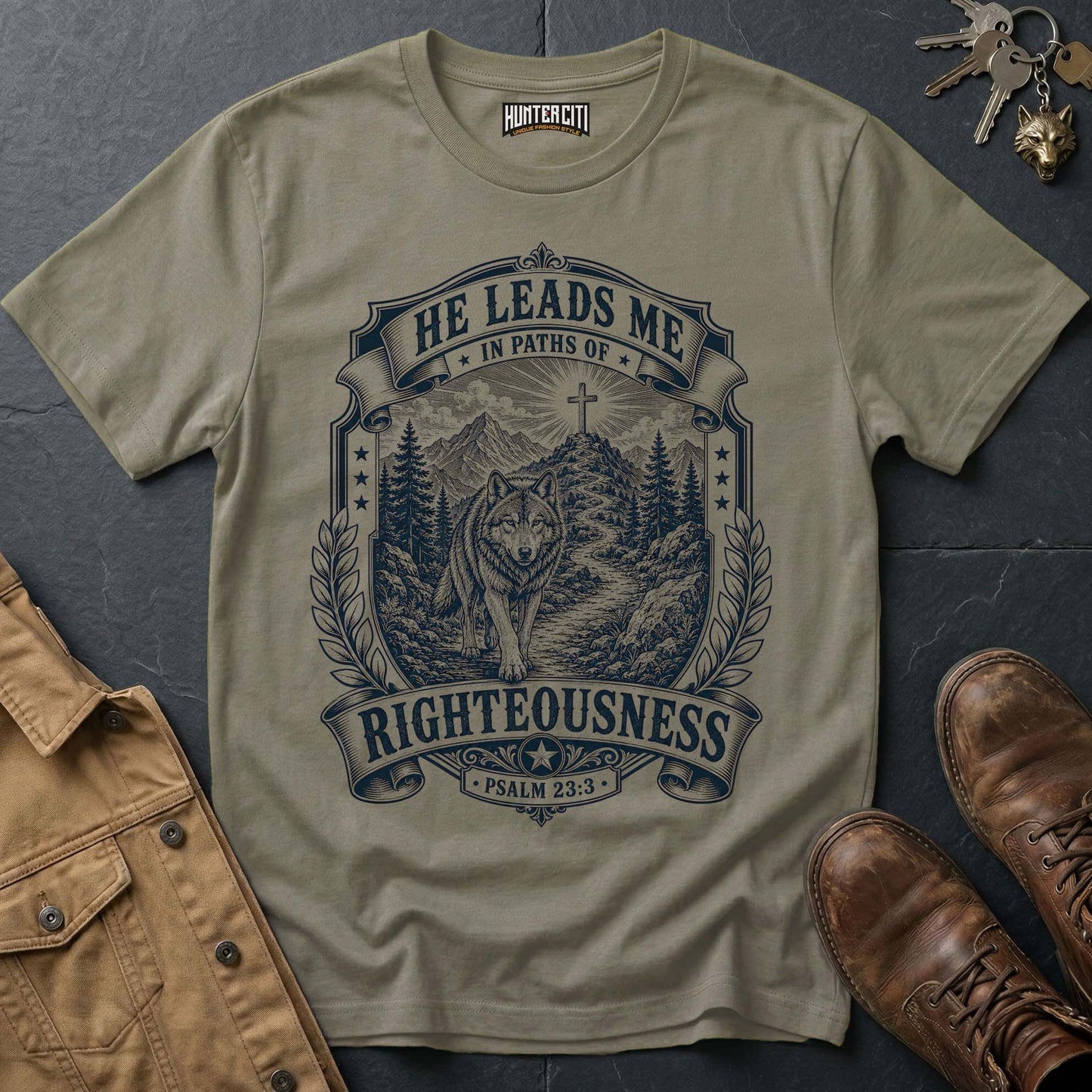 He Leads Me in Paths of Righteousness Wolf T-Shirt - Psalm 23 Christian Wolf Graphic Tee USA Gift for Men