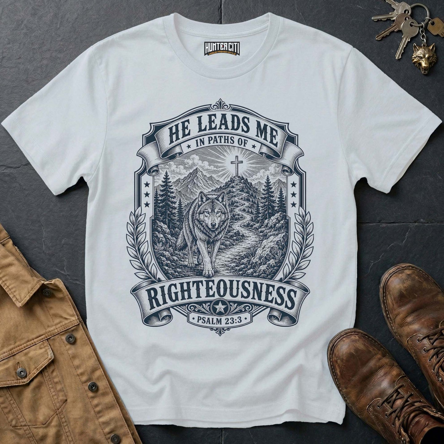 He Leads Me in Paths of Righteousness Wolf T-Shirt - Psalm 23 Christian Wolf Graphic Tee USA Gift for Men