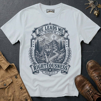 He Leads Me in Paths of Righteousness Wolf T-Shirt - Psalm 23 Christian Wolf Graphic Tee USA Gift for Men