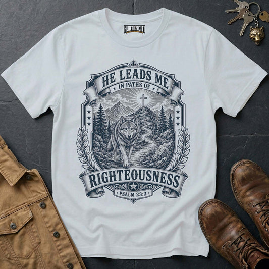 He Leads Me in Paths of Righteousness Wolf T-Shirt - Psalm 23 Christian Wolf Graphic Tee USA Gift for Men