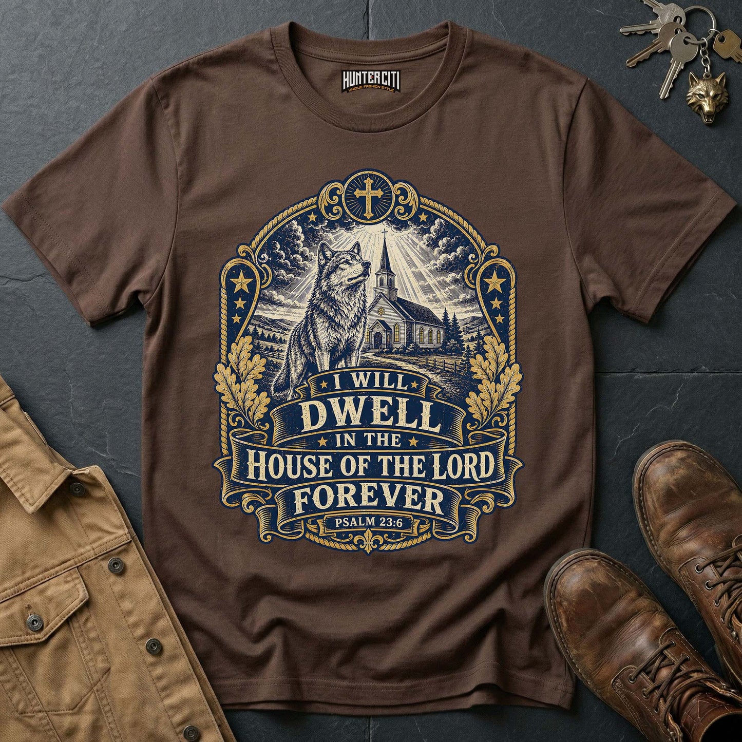 I Will Dwell in the House of the Lord Forever Wolf T-Shirt - Psalm 23 Christian Wolf Graphic Tee USA Gift