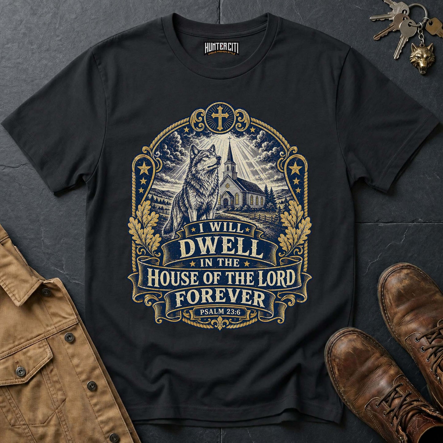 I Will Dwell in the House of the Lord Forever Wolf T-Shirt - Psalm 23 Christian Wolf Graphic Tee USA Gift