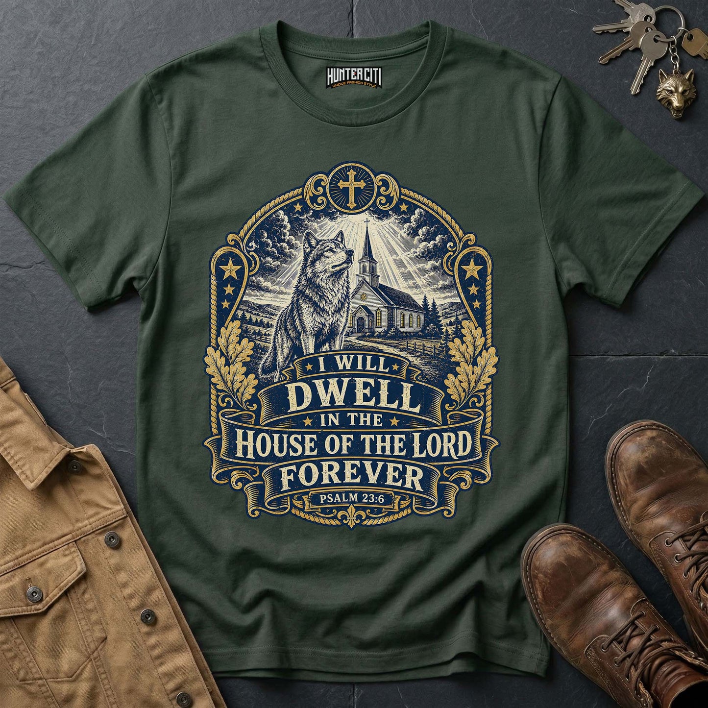 I Will Dwell in the House of the Lord Forever Wolf T-Shirt - Psalm 23 Christian Wolf Graphic Tee USA Gift